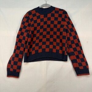 Vans Womens Small Checkered Crew Neck Sweater Navy Blue Rust Orange Knit Top